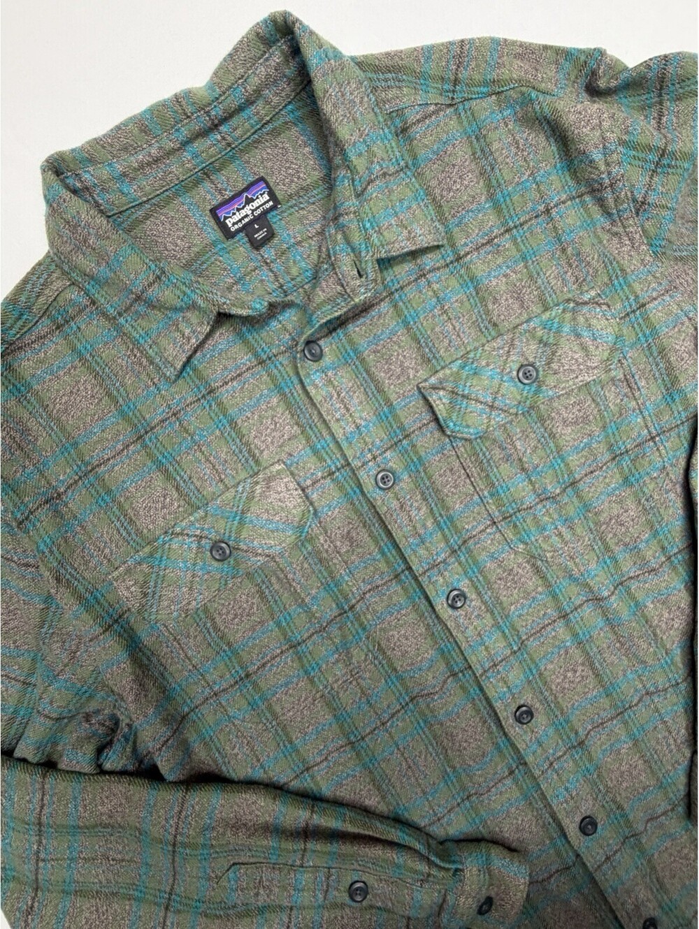 Patagonia Fjord Flannel Shirt Mens L Green Plaid 100% Organic Cotton Long Sleeve